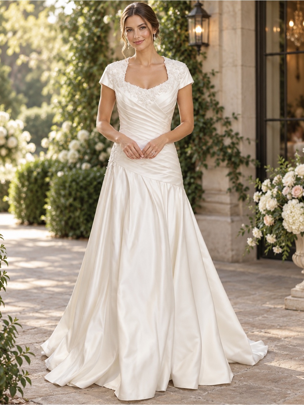 Vintage “F3” Elegant Ivory Wedding Dress with Lace Cap Sleeves